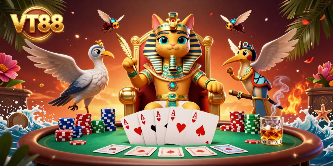 Experience dazzling poker action with VT88 as a pharaoh cat and scribe in a vibrant casino scene.