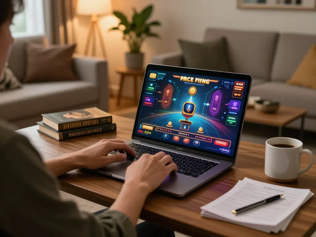 P3 user enjoying online casino gaming in a cozy living room, showcasing responsible gambling