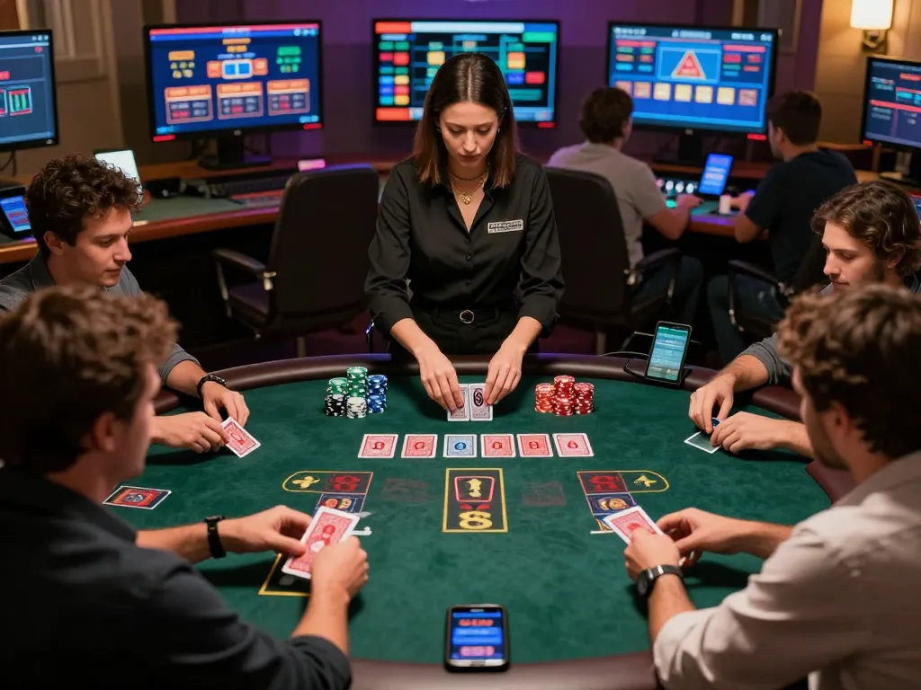 Players engaged in live blackjack at Okfun online casino, showcasing chips and dealer interaction.