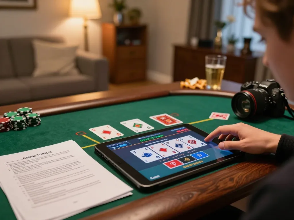 Player enjoying live blackjack on tablet, engaging with sunwin online casino, strategic gameplay in cozy setting.