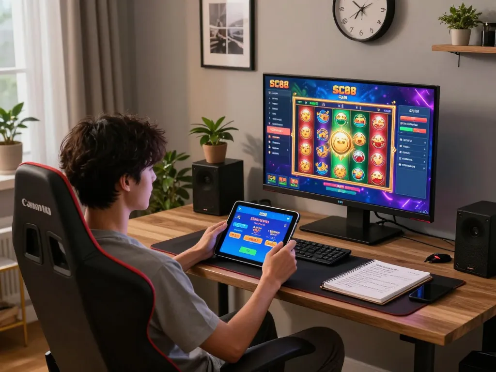 Player using SC88 Com app for online gambling on tablet at home, showcasing engaging gaming atmosphere.