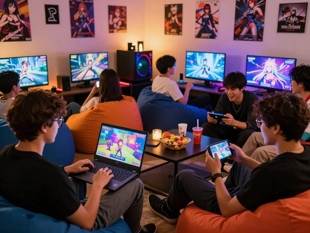 Friends enjoying engaging hentai games together in a lively gaming lounge.