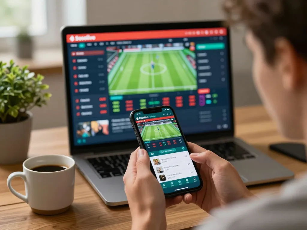 Socolive sports betting experience with user engaged in live football streaming on smartphone.