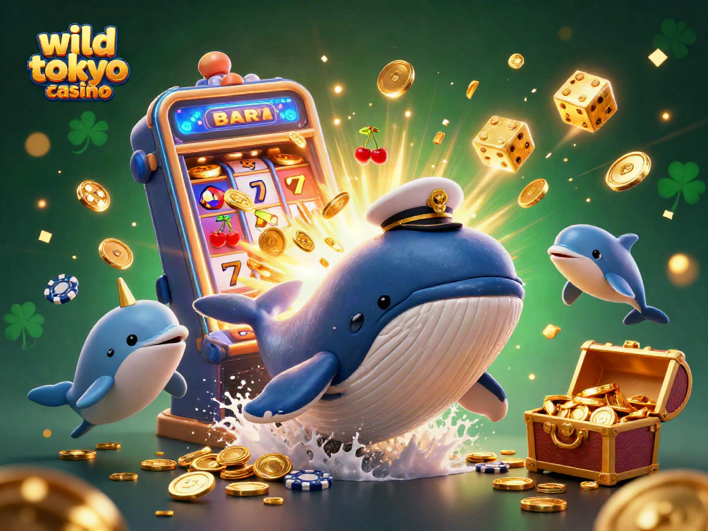 Experience the excitement at wild tokyo casino with a vibrant 3D illustration of unique characters surrounded by slot machines and poker chips.