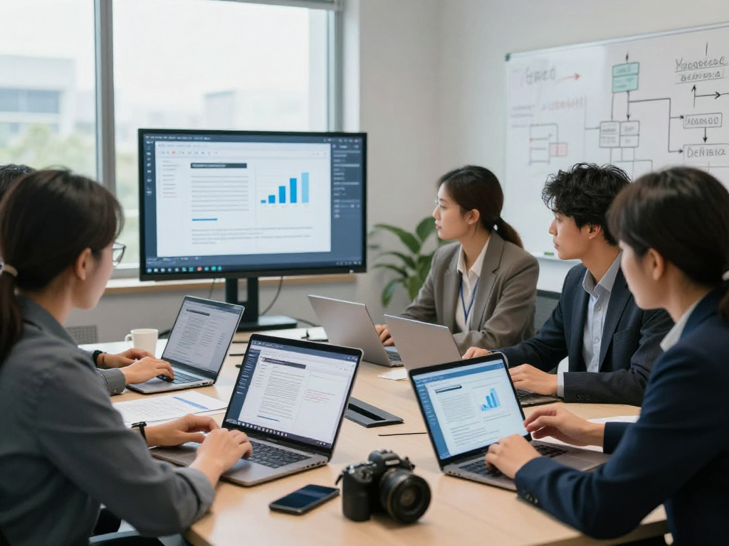 Team collaborating on document fraud detection tools in a modern office, showcasing analytics and visuals.