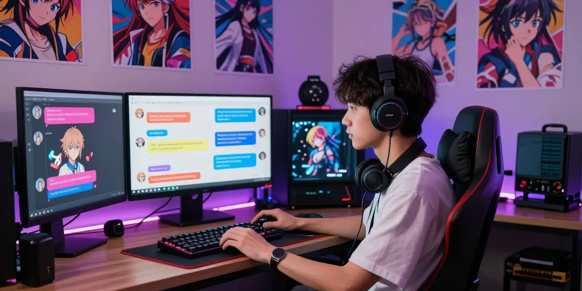 Engaging in an ai hentai chat surrounded by anime art and vibrant screens.