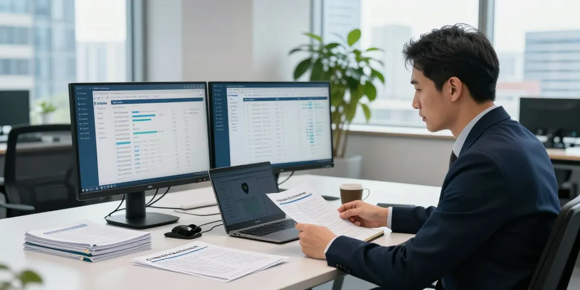 Cyber essentials assessor reviewing compliance documents in a modern office setting, showcasing an engaging cybersecurity evaluation.