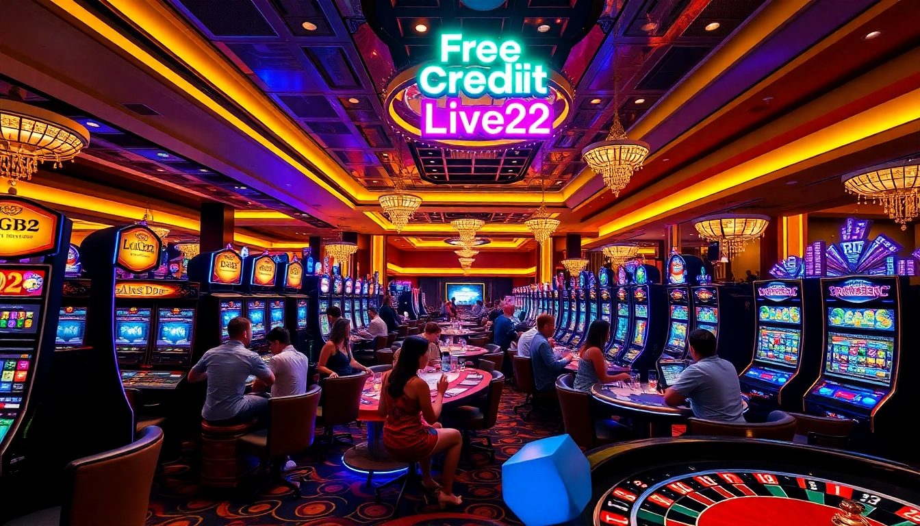 Exciting scene capturing players enjoying free credit live22 at vibrant casino tables and slot machines.