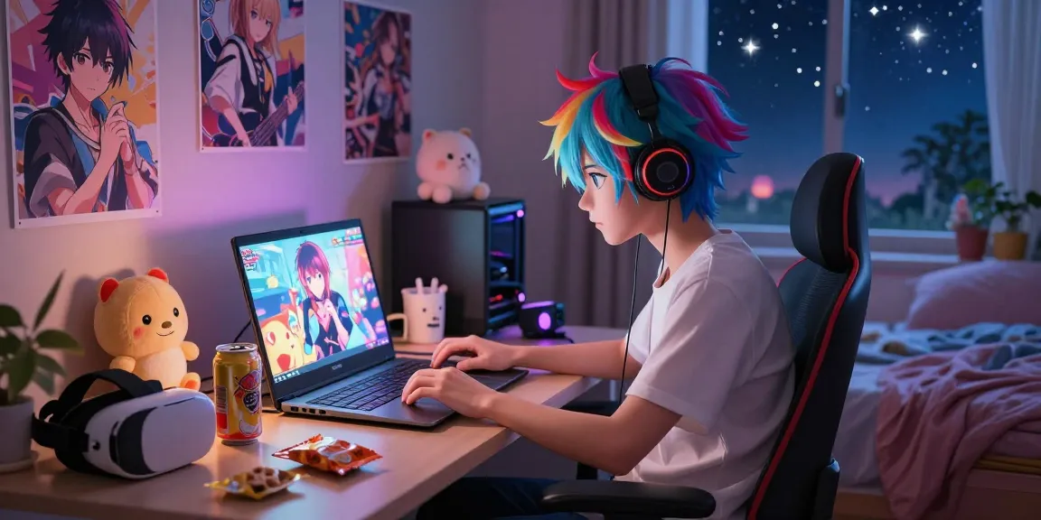 Animated character immersed in a hentai game in cozy bedroom.