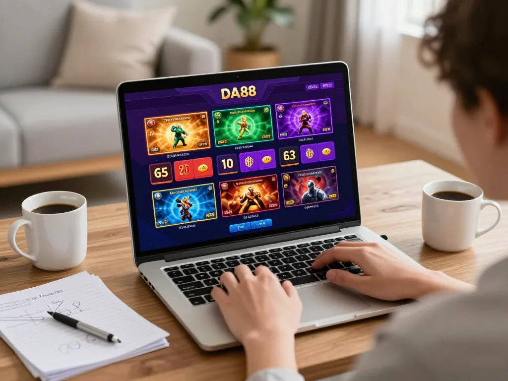 Engaging player enjoying DA88 online casino gaming on a laptop with bright visuals and warm home atmosphere