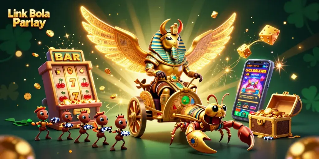 Experience thrilling gaming with Link Bola Parlay as golden scorpions and a colossal scarab beetle dominate the casino scene.