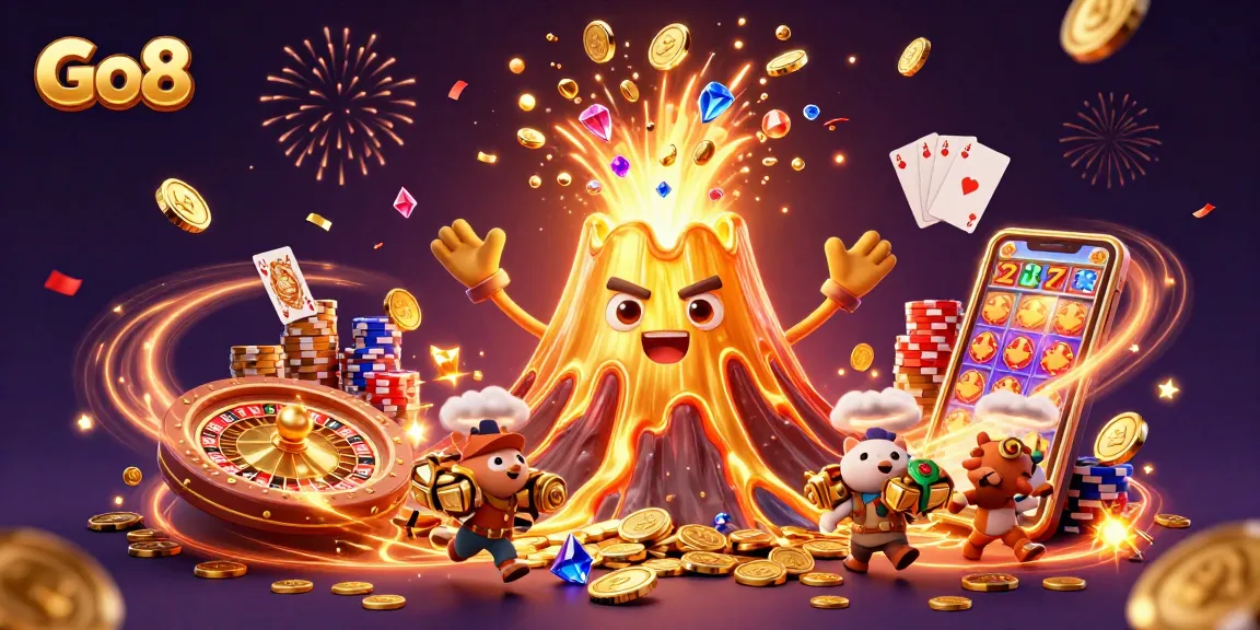 Catch the excitement at Go8 with a triumphant golden volcano erupting coins and gems, thrilling players.