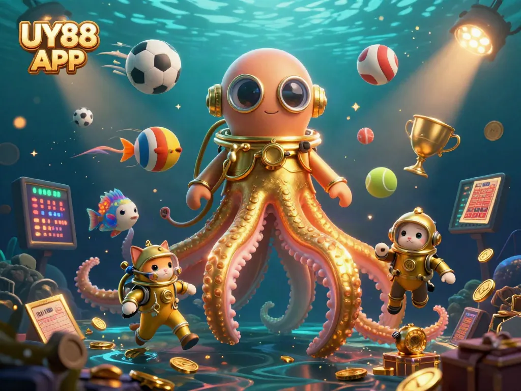 Engage with UY88 APP featuring a kraken and diving cat surrounded by dynamic sports elements, emphasizing thrilling gameplay.