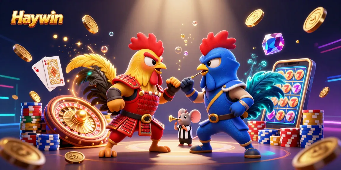 Engage with Haywin's thrilling casino experience featuring fighting roosters, golden coins, and dynamic gaming elements.