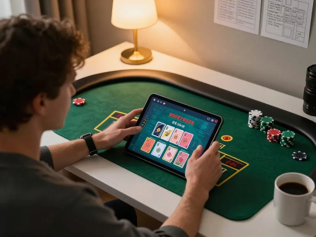 Engaging online casino gameplay at https://www.dacsandatphanrang.com/ with dynamic tablet display and poker components.