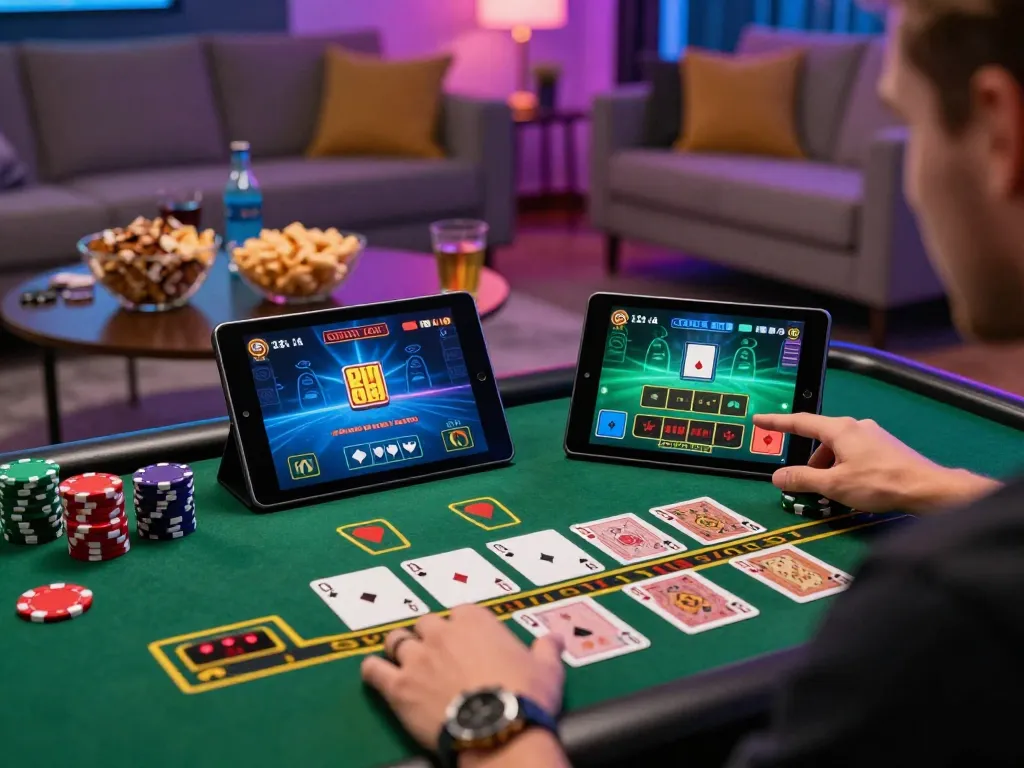Player enjoying debet live blackjack on tablet, capturing excitement of online gambling.