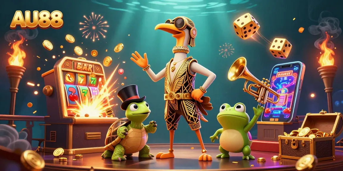 Experience excitement at AU88 with vibrant casino games and characters in a lively 3D scene.