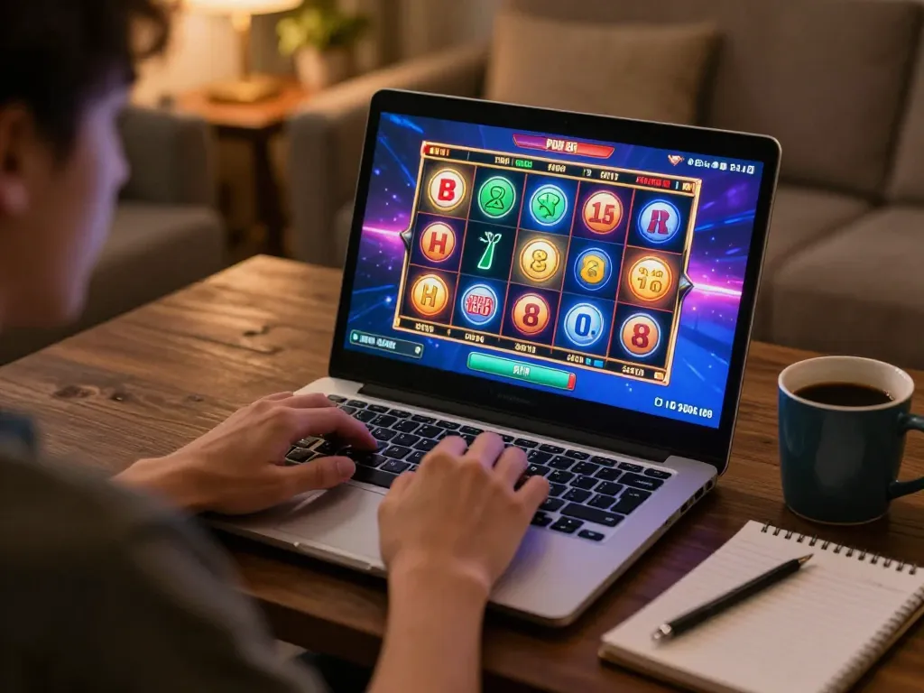 PUB 88 player enjoying slots on a laptop in a cozy home setting with colorful game interface and notes.