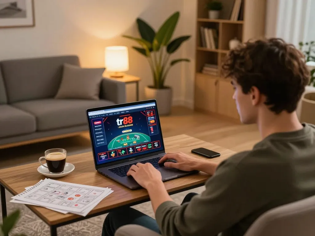 Engaging player using tr88 online casino interface in a cozy living room setup