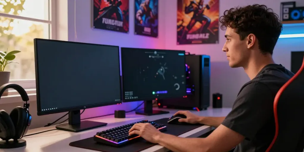 Gamer at a modern desk showcasing rokok88 alternatif gaming setup with vibrant environment.