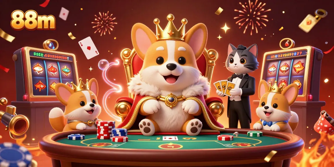 88m features a royal corgi in a casino scene, showcasing card games and jackpot excitement.