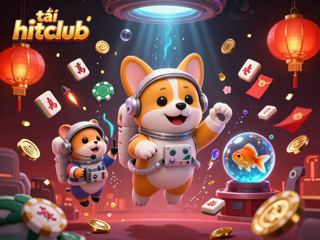 Experience thrilling gaming action with tải hitclub in a colorful online casino scene featuring a floating corgi!