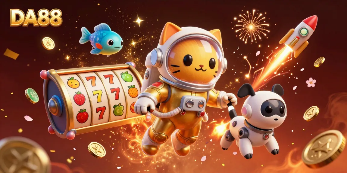 Experience DA88 with a vibrant 3D scene showcasing a golden space astronaut cat, robot dog, and thrilling slot elements.