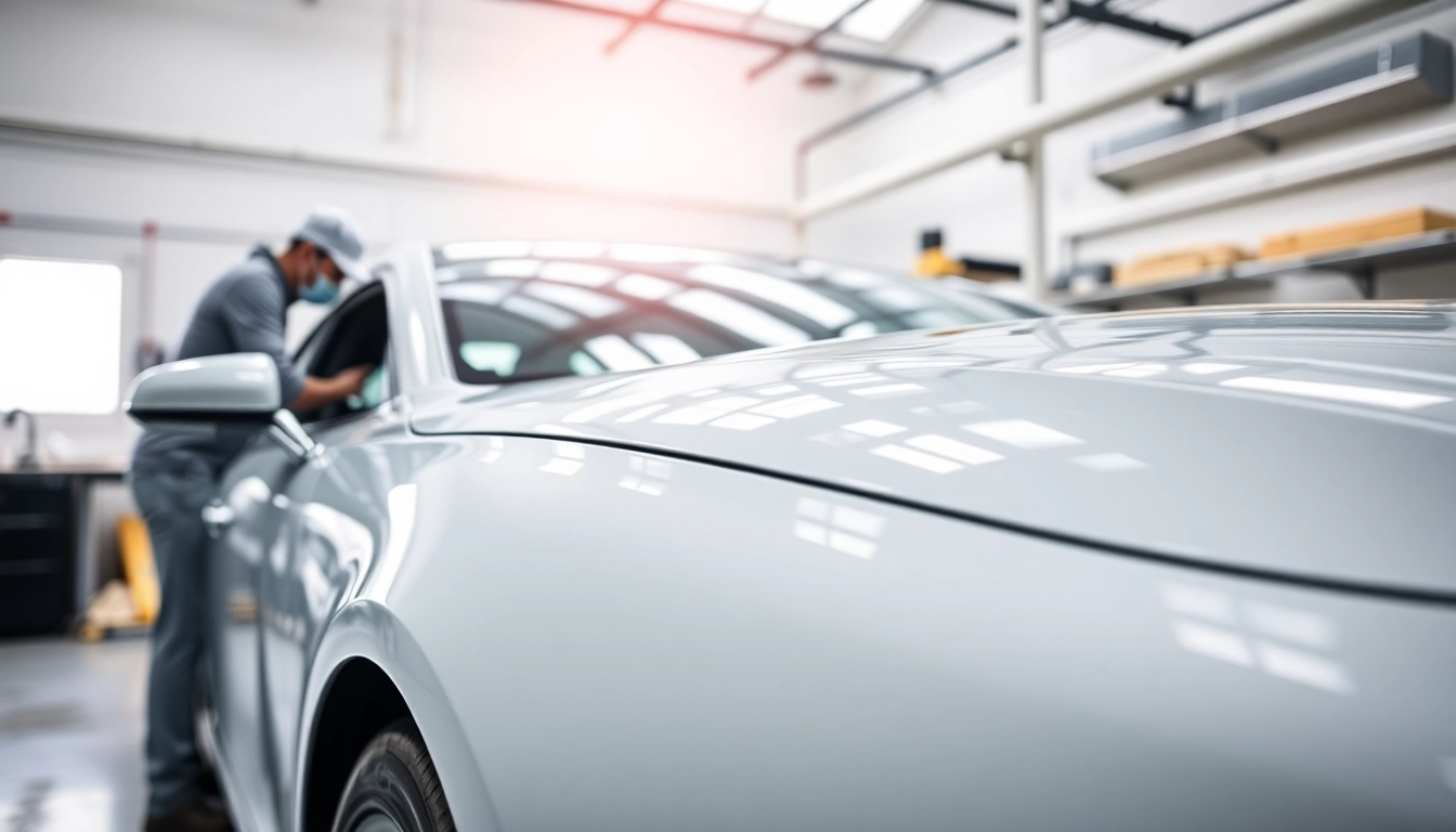 Applying paint protection film near me on a vehicle in a bright automotive workshop.