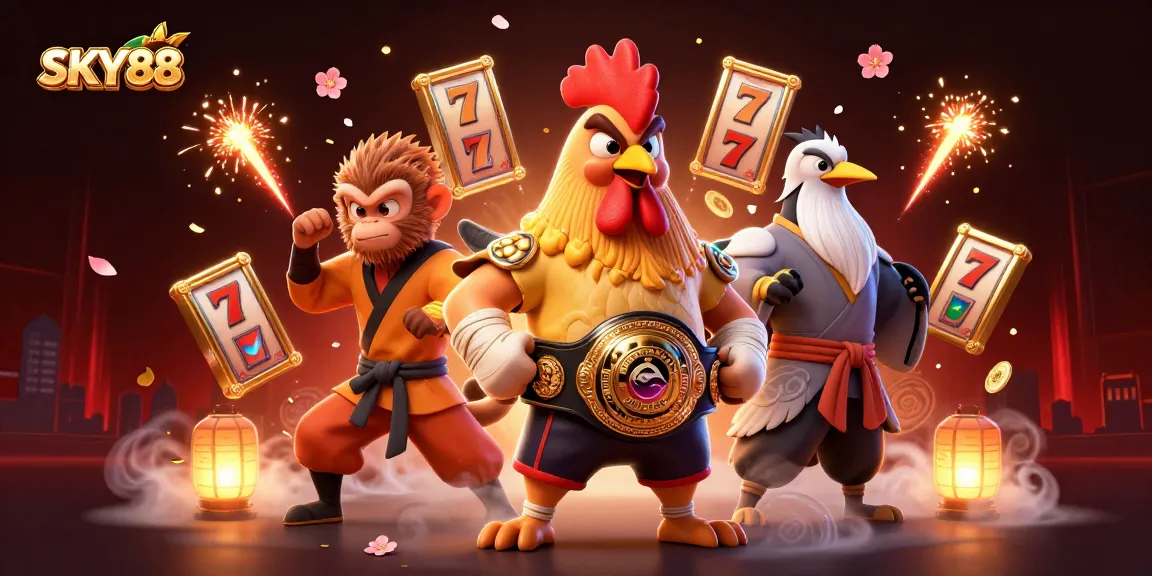 Engage in thrilling gaming at SKY88 with a vibrant 3D casino illustration showcasing dynamic characters and rich elements.