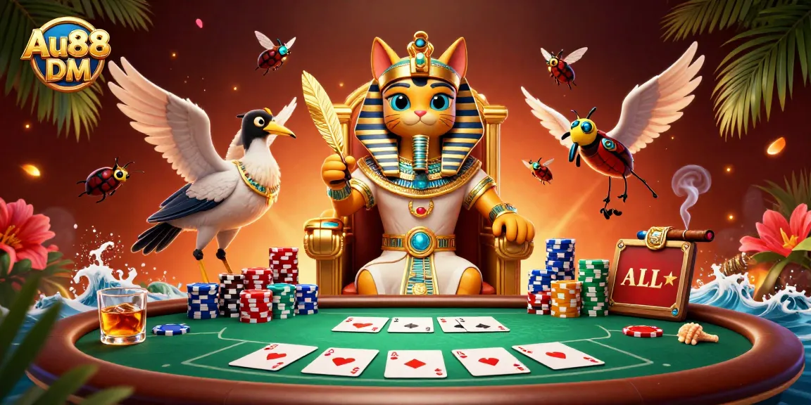 Join the excitement at Au88 DM with this vibrant 3D gambling scene featuring a pharaoh, poker table, and more.