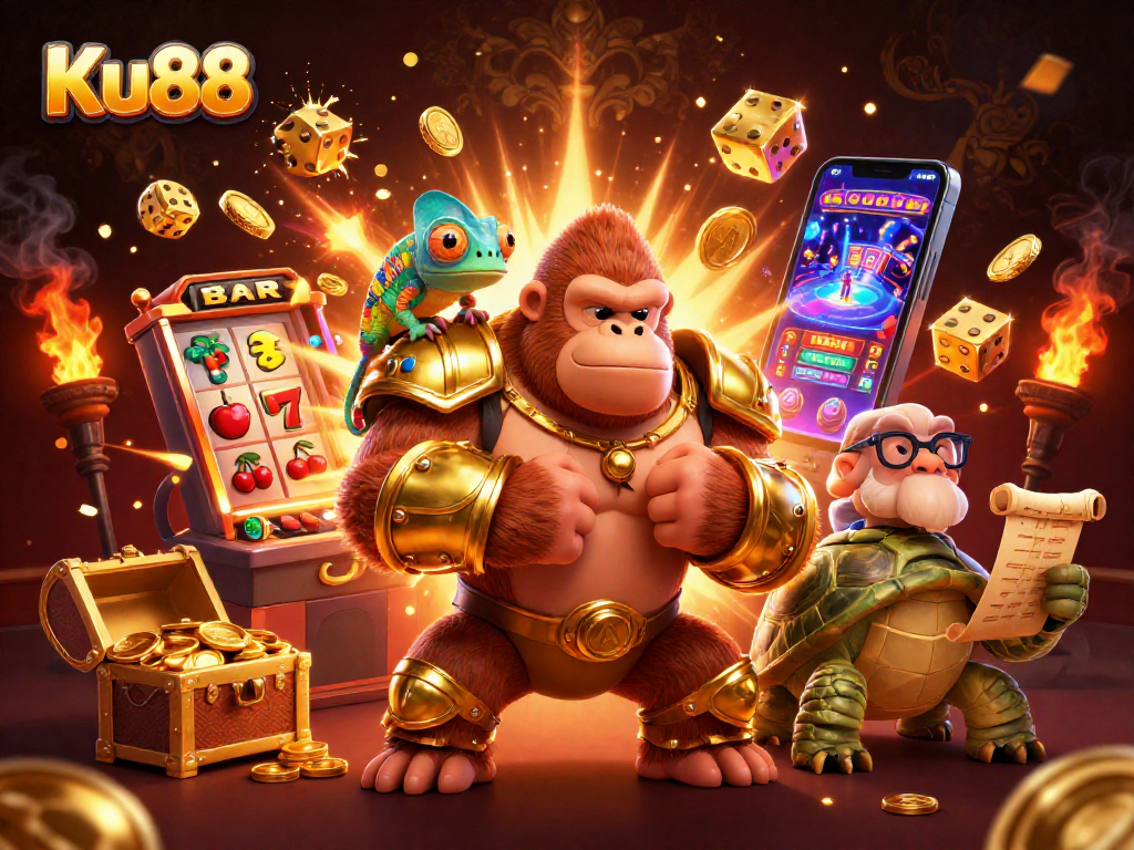 Experience the vibrant atmosphere of Ku88 with a gorilla king, chameleon, and tortoise surrounded by dynamic casino elements.