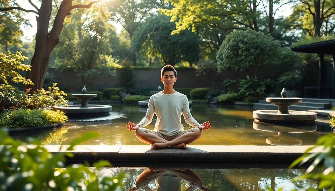Meditating individual promoting mental wellness surrounded by nature in a serene garden.