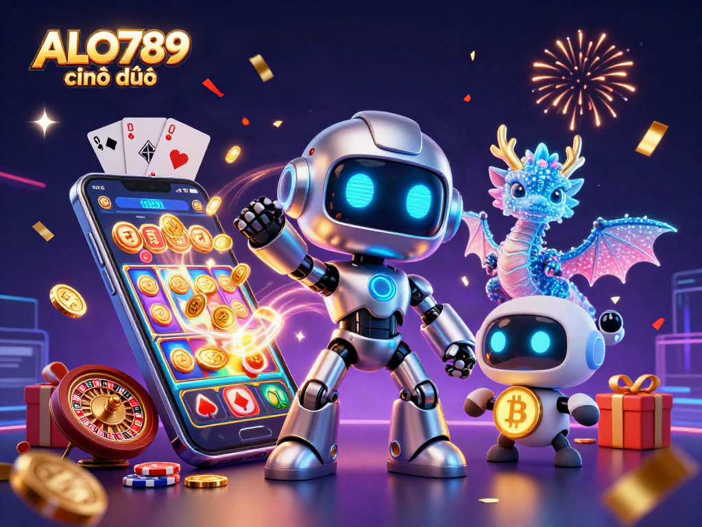 Engage with ALO789 chính thức as the cyberpunk robot and companions showcase vibrant slots and casino elements.