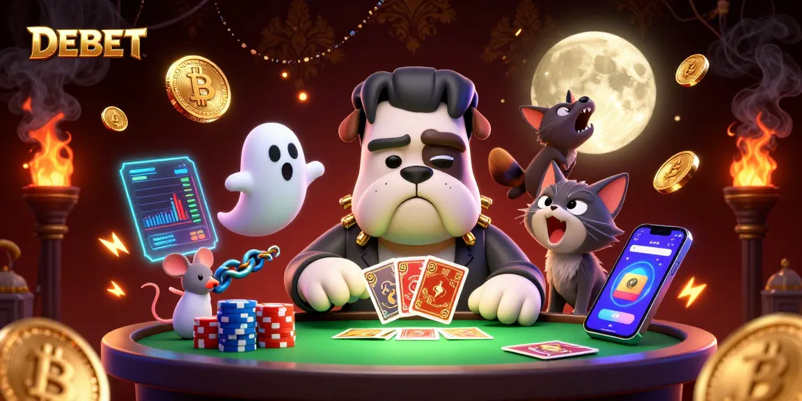 Engage with DEBET platform featuring a Frankenstein bulldog dealing cards amid crypto elements in a dynamic casino scene.