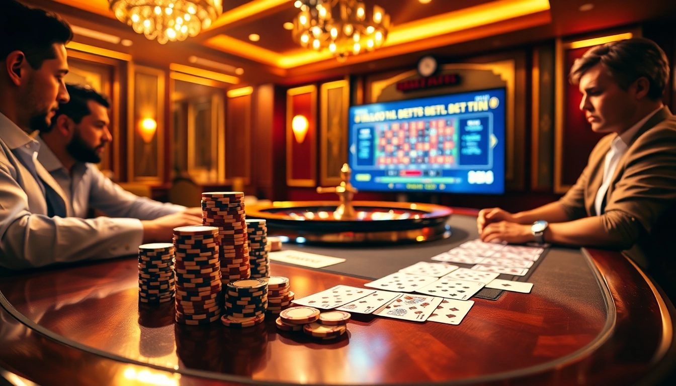Engaged players enjoying a luxury casino experience at MM88 COM, showcasing poker chips and roulette excitement.