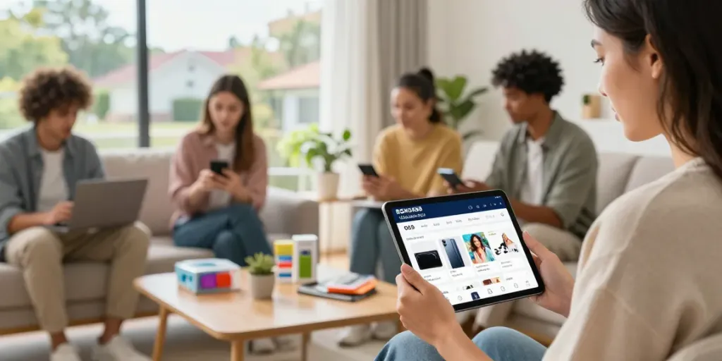 Shoppers using ROKOK88 GlobalMart App exploring electronics and fashion products