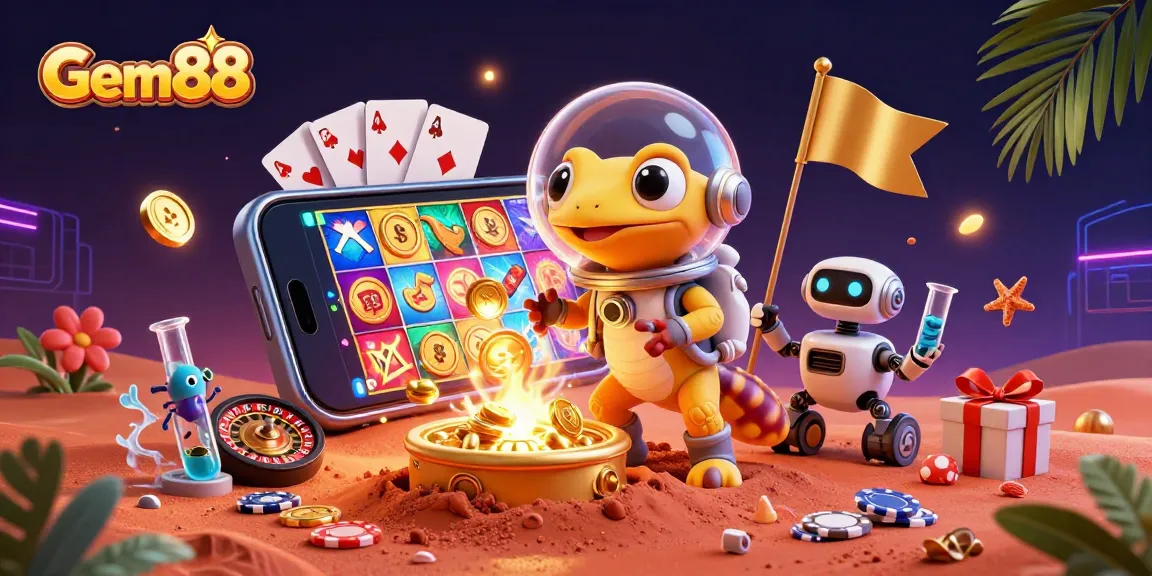 Experience exciting games like slots and live casino at Gem88 with this vibrant Martian gecko scene.