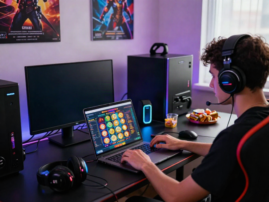 Engaged player enjoying a credit card casino game on a laptop with vibrant graphics in a cozy gaming room.
