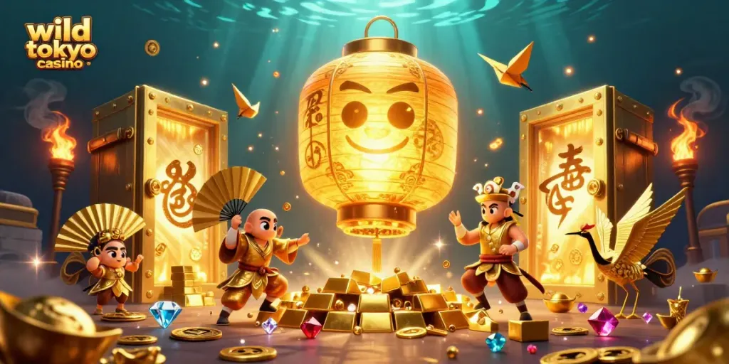 Play vibrant games at wild tokyo casino in this detailed 3D illustration with golden treasure and lucky symbols.