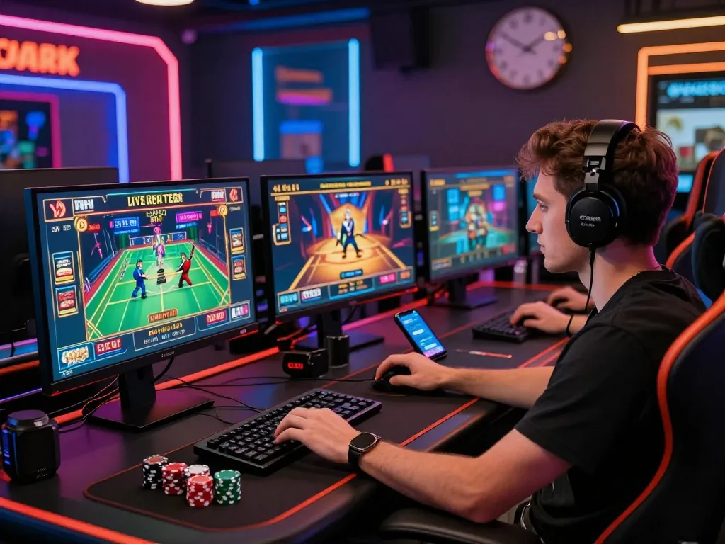 Engaged user playing live casino games at https://bomwin.jp.net/ with vibrant colors and modern gaming setup.