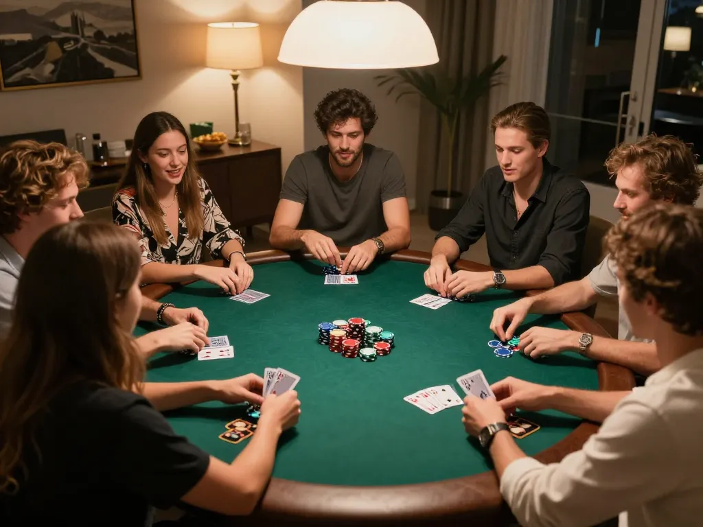 Players enjoying an engaging poker night at home while strategizing on bets at https://net88.wtf/.