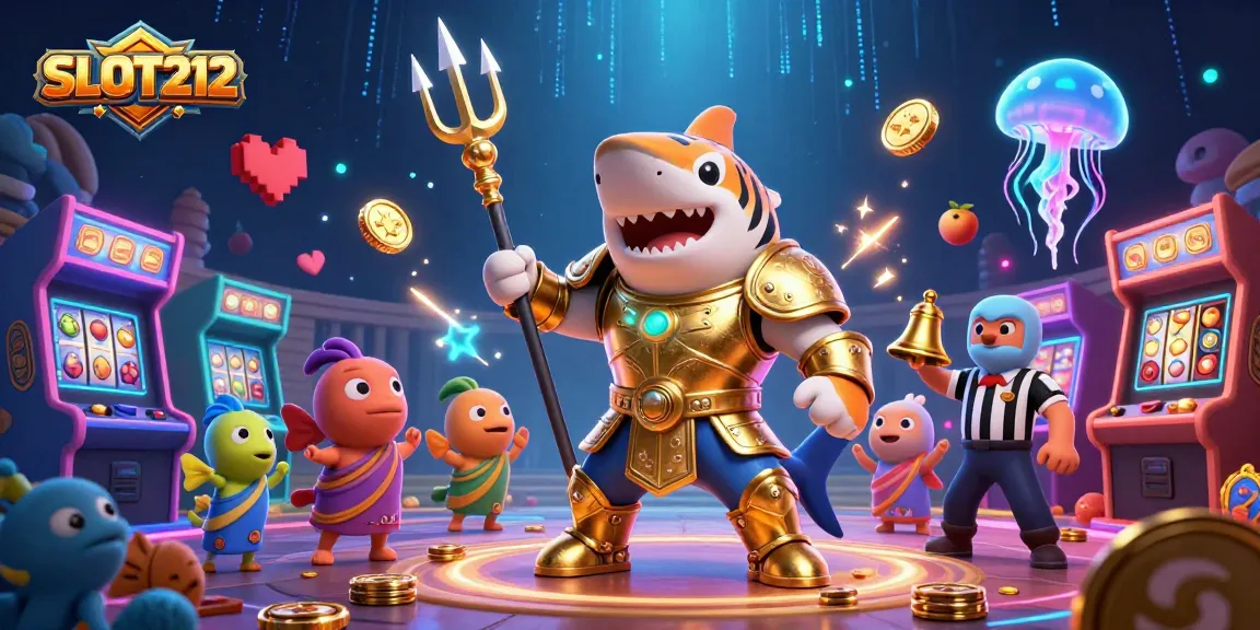 SLOT212 players enjoy vibrant slot action with a golden tiger shark and colorful game themes.