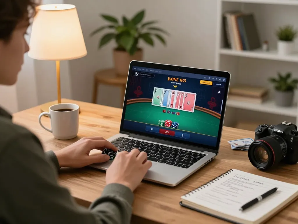 Engaging online gaming atmosphere showcasing a player at https://11win.plus/ enjoying virtual poker while reviewing strategies.