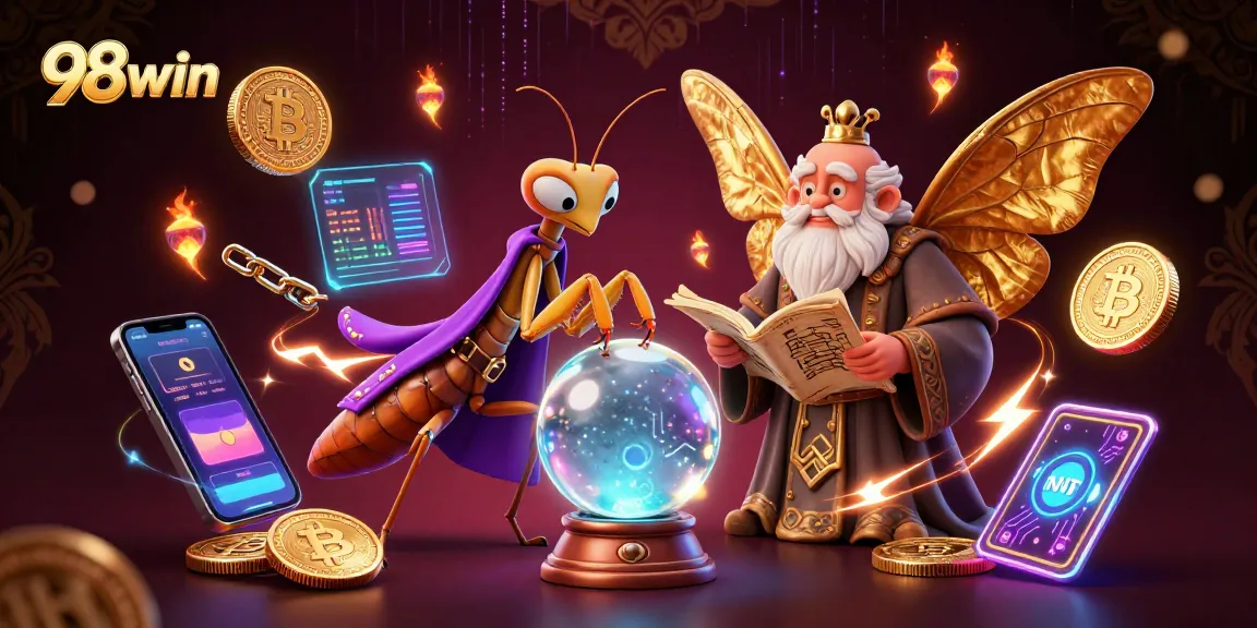 Engage in thrilling 98win adventures with a mystical fortune teller and glowing crypto elements.