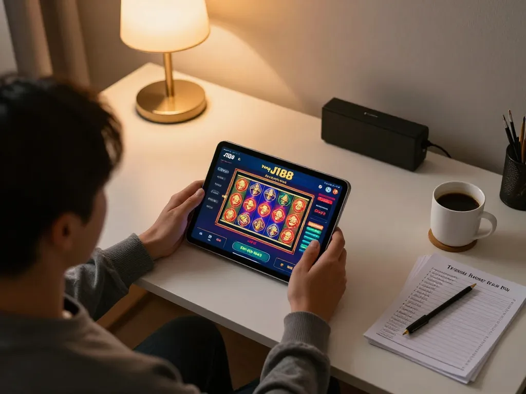 Engaging with the trang chủ J188 casino app on a tablet, showcasing modern home gaming.