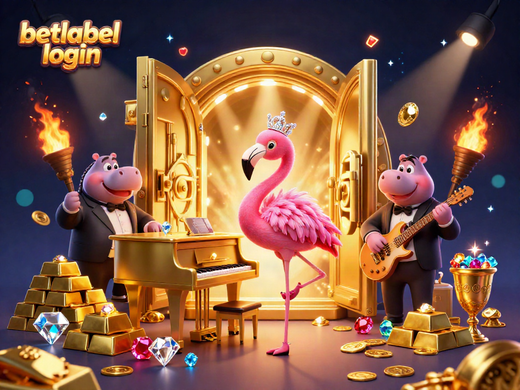 Experience the excitement with BetLabel login at this vibrant casino scene featuring musical characters.