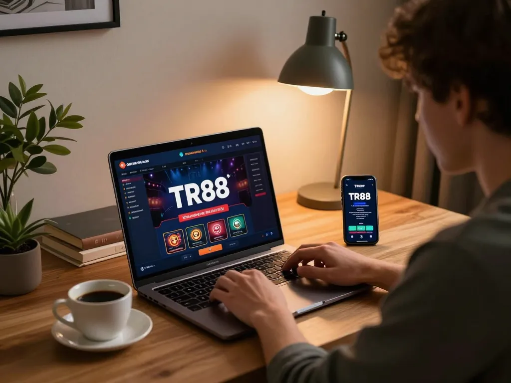 Engaging in online casino at TR88, a player uses a laptop for gaming and tracks strategy notes.