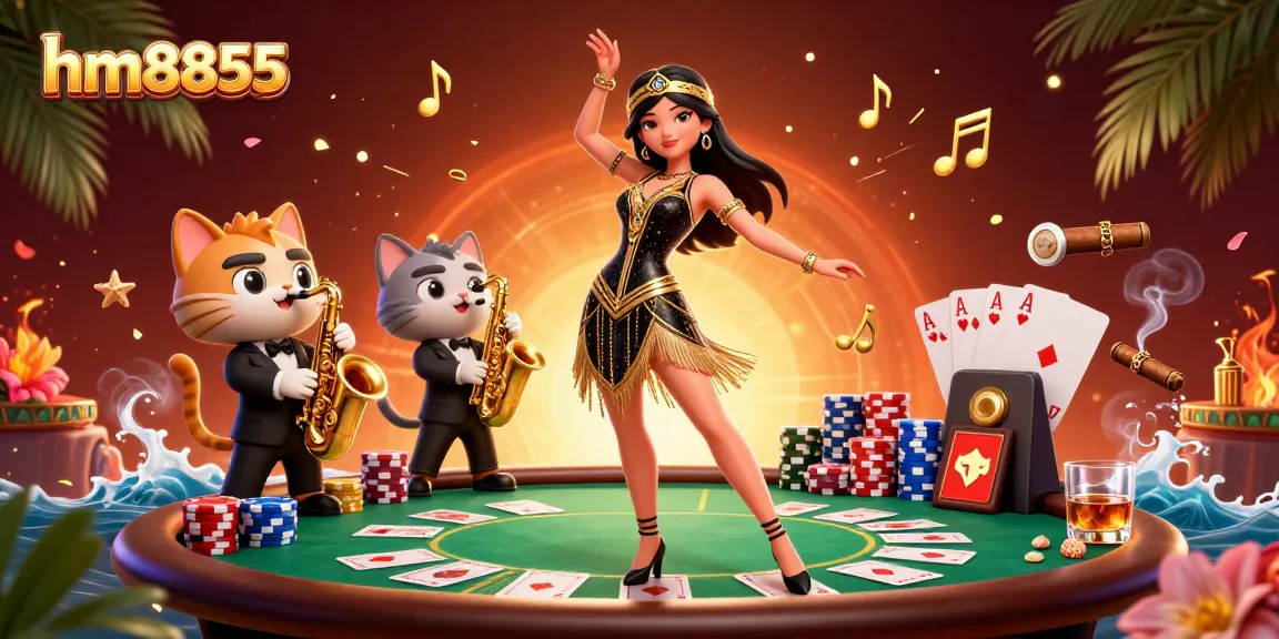 Engage in the excitement of gambling with hm8855's dynamic casino scene showcasing vibrant characters and poker elements.