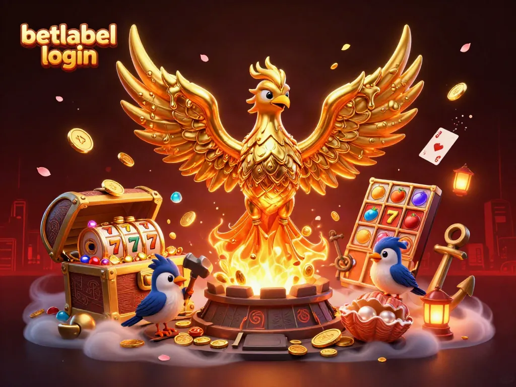 Experience thrilling betlabel login with a fiery phoenix and slot symbols in a vibrant casino scene.