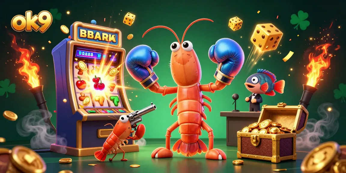 Spin the reels with OK9 in an action-packed casino scene featuring a mantis shrimp and friends.